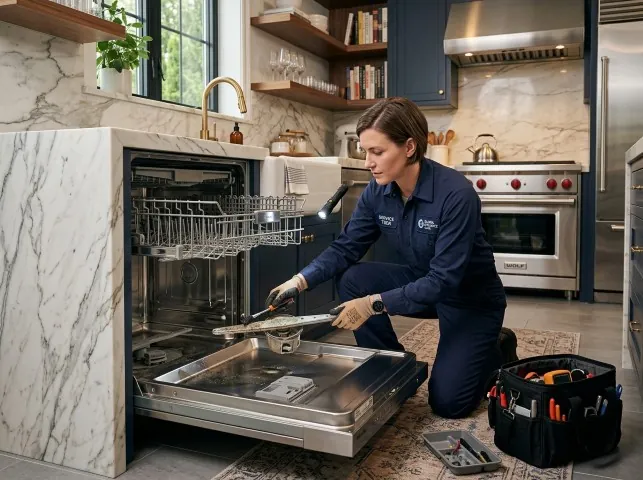 Appliance Repair Hero technician servicing a built-in dishwasher in a Blue Point, NY kitchen