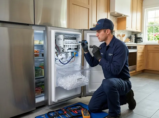 Appliance Repair Hero technician repairing a refrigerator ice maker in Blue Point, NY