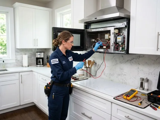 Appliance Repair Hero technician testing an over-the-range microwave in a Blue Point, NY kitchen