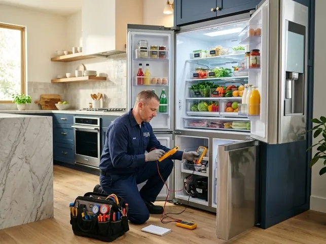 Appliance Repair Hero refrigerator technician testing a fridge on a Blue Point, NY service call