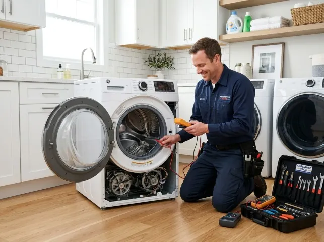 Appliance Repair Hero technician testing a front-load washer with a multimeter on a Blue Point, NY service call